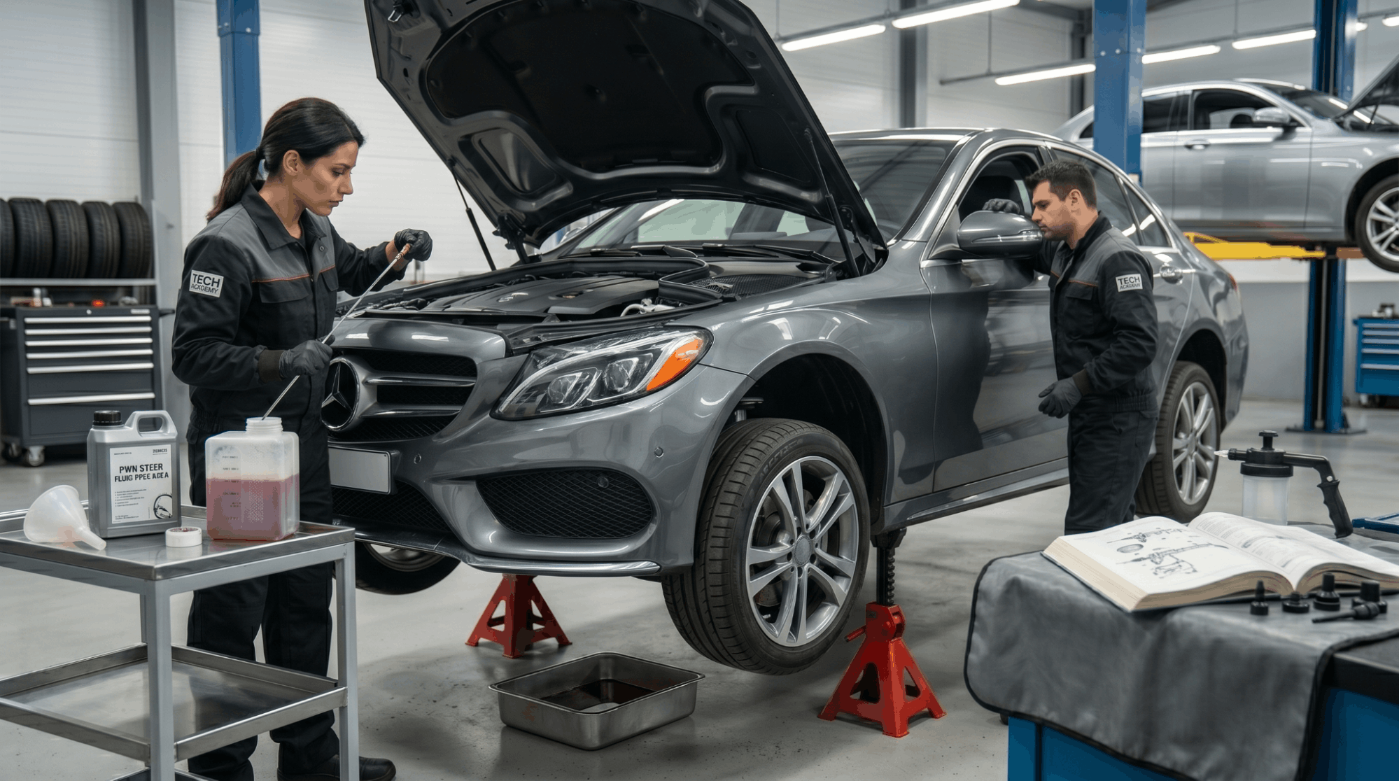 technician observing foamy power steering fluid during bleeding process with car on jack stands