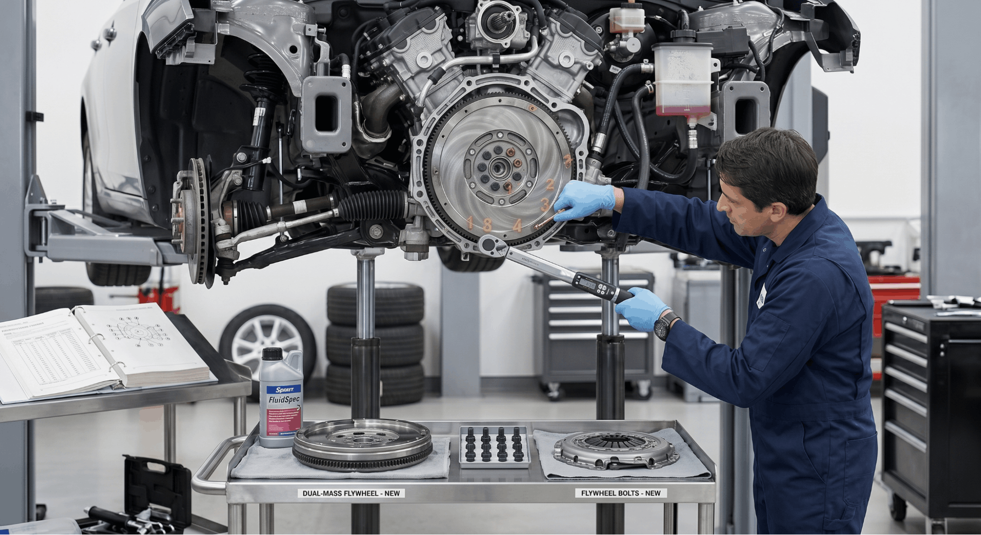 technician torquing flywheel bolts in star pattern during clutch installation