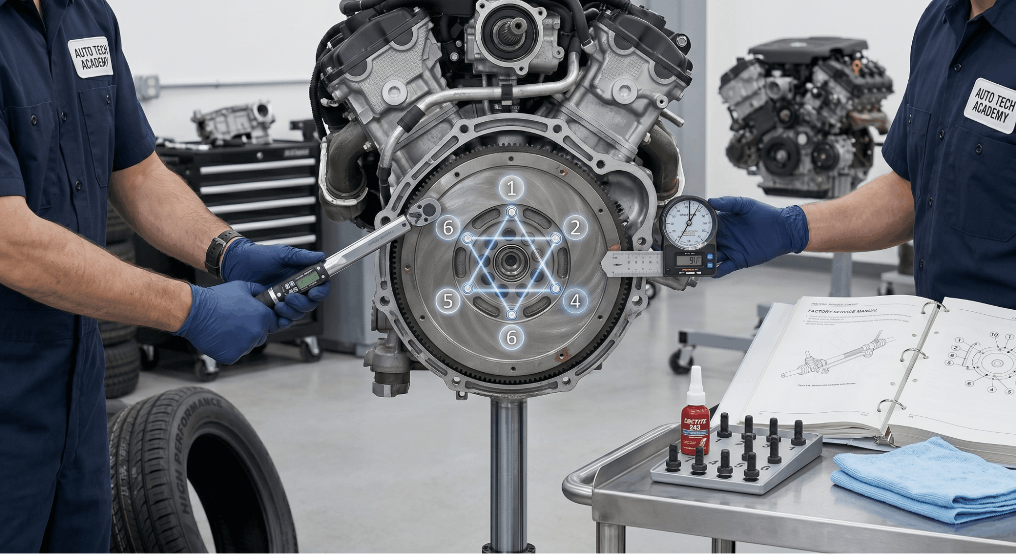 technician tightening flywheel bolts in star pattern using torque wrench during clutch install