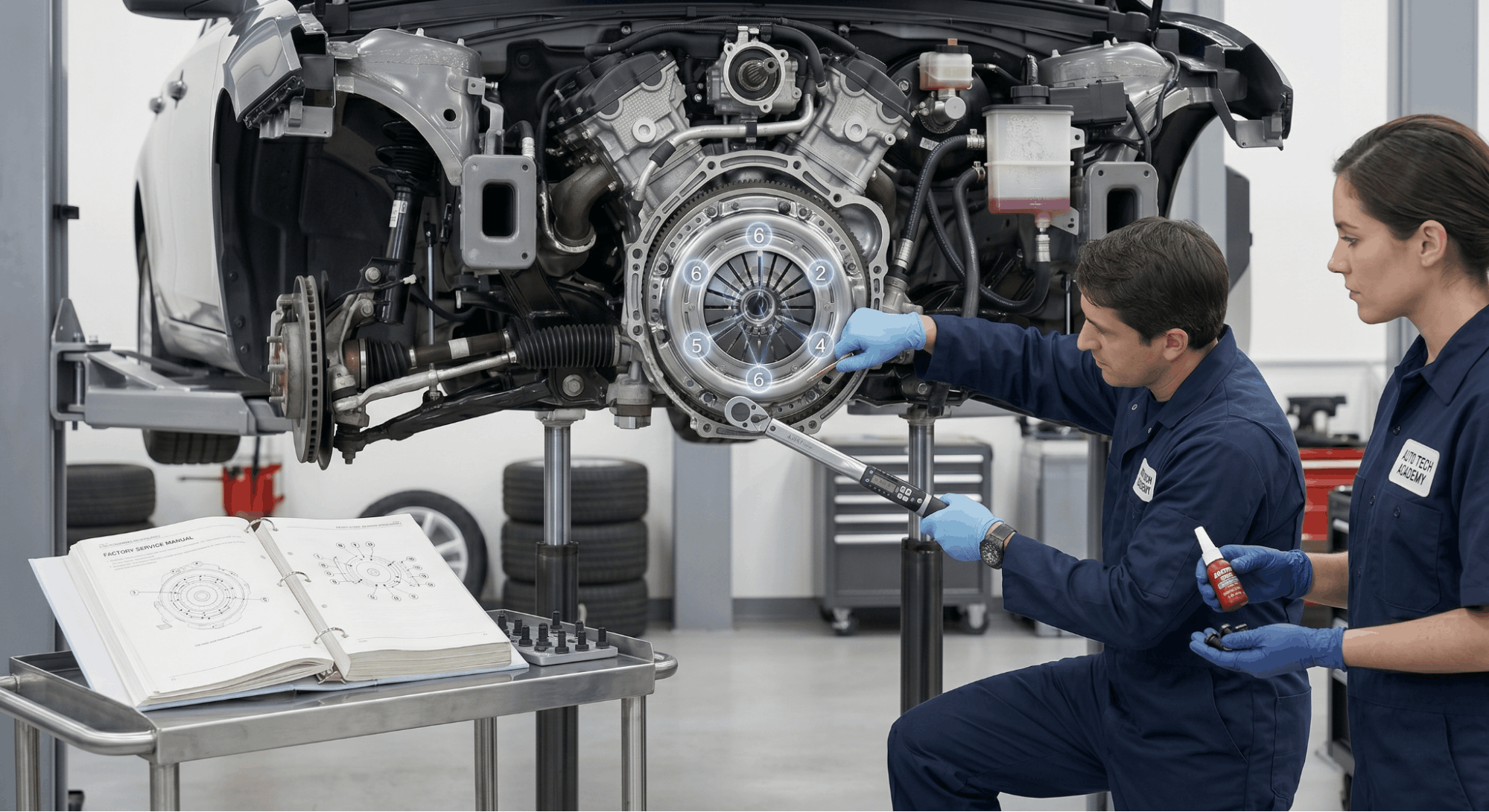 technician tightening clutch pressure plate bolts evenly in crisscross pattern with torque wrench