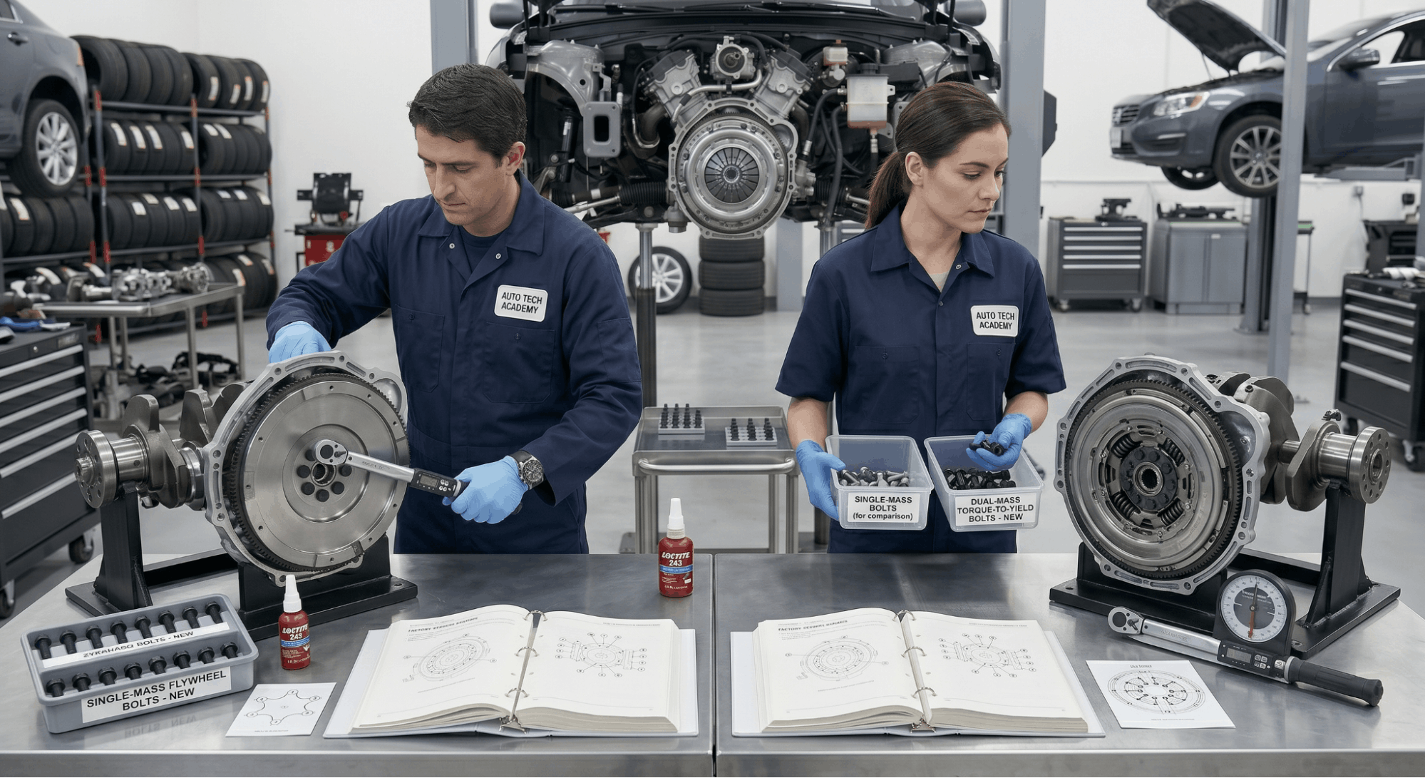 technician comparing single-mass and dual-mass flywheel torque installation methods in workshop