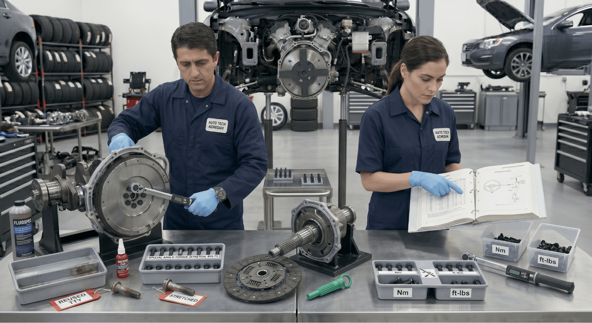 technician correcting clutch flywheel installation mistakes in workshop with torque wrench and alignment tools