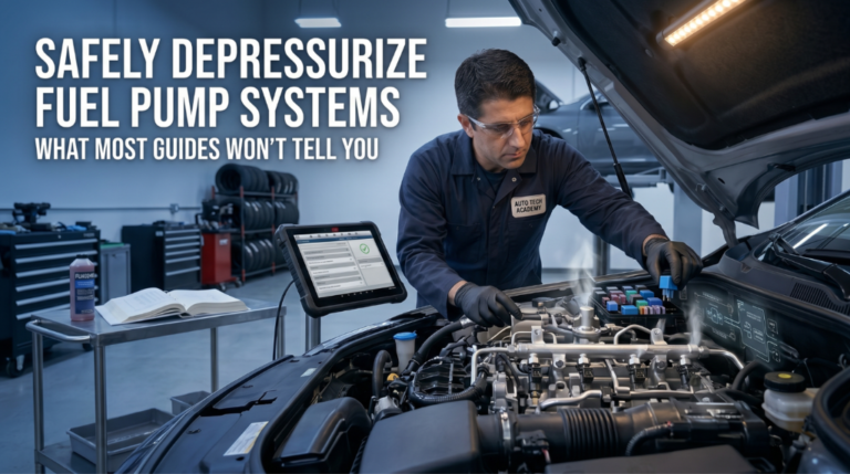 Mechanic safely removing fuel pump relay in engine bay to depressurize fuel system during repair