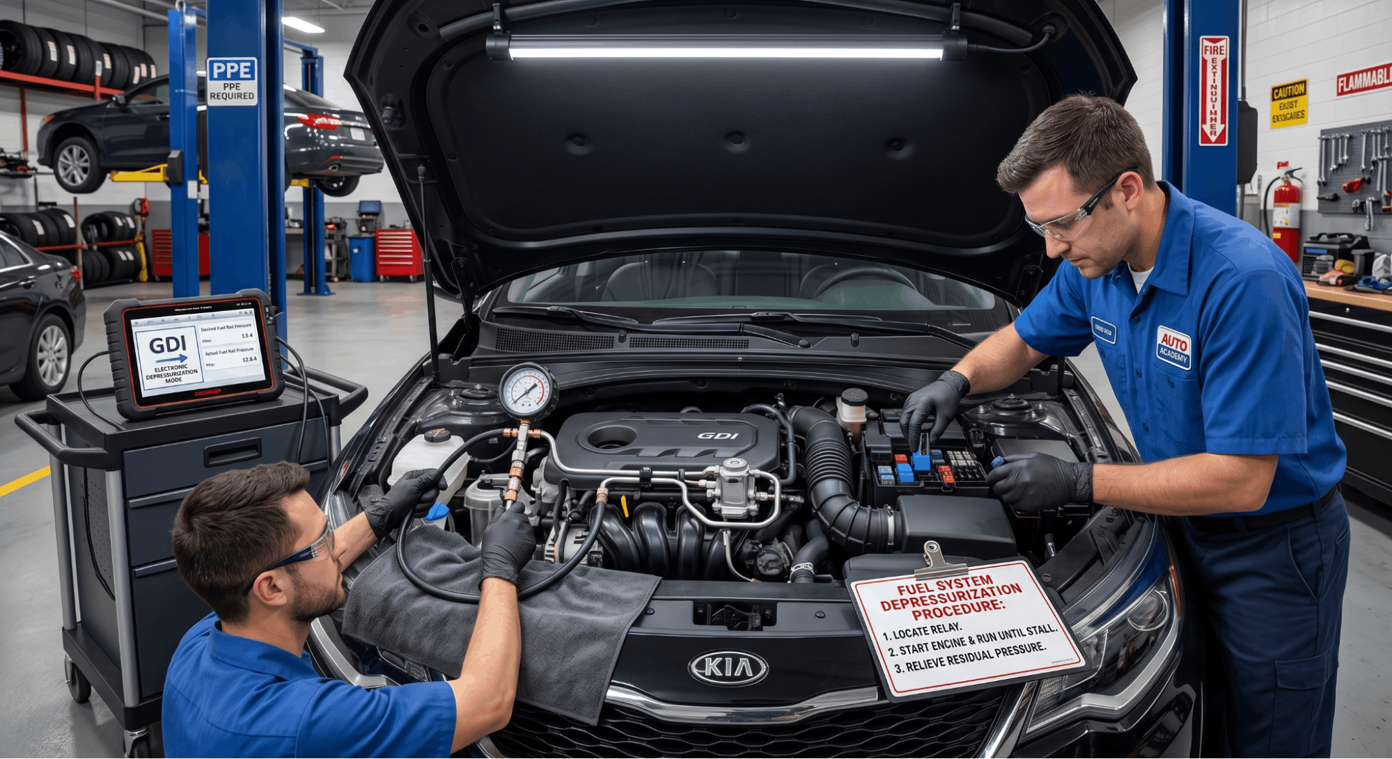 technician safely relieving fuel system pressure before repair