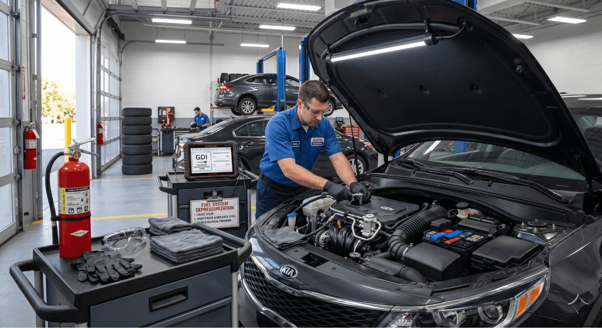technician preparing safety gear before fuel repair