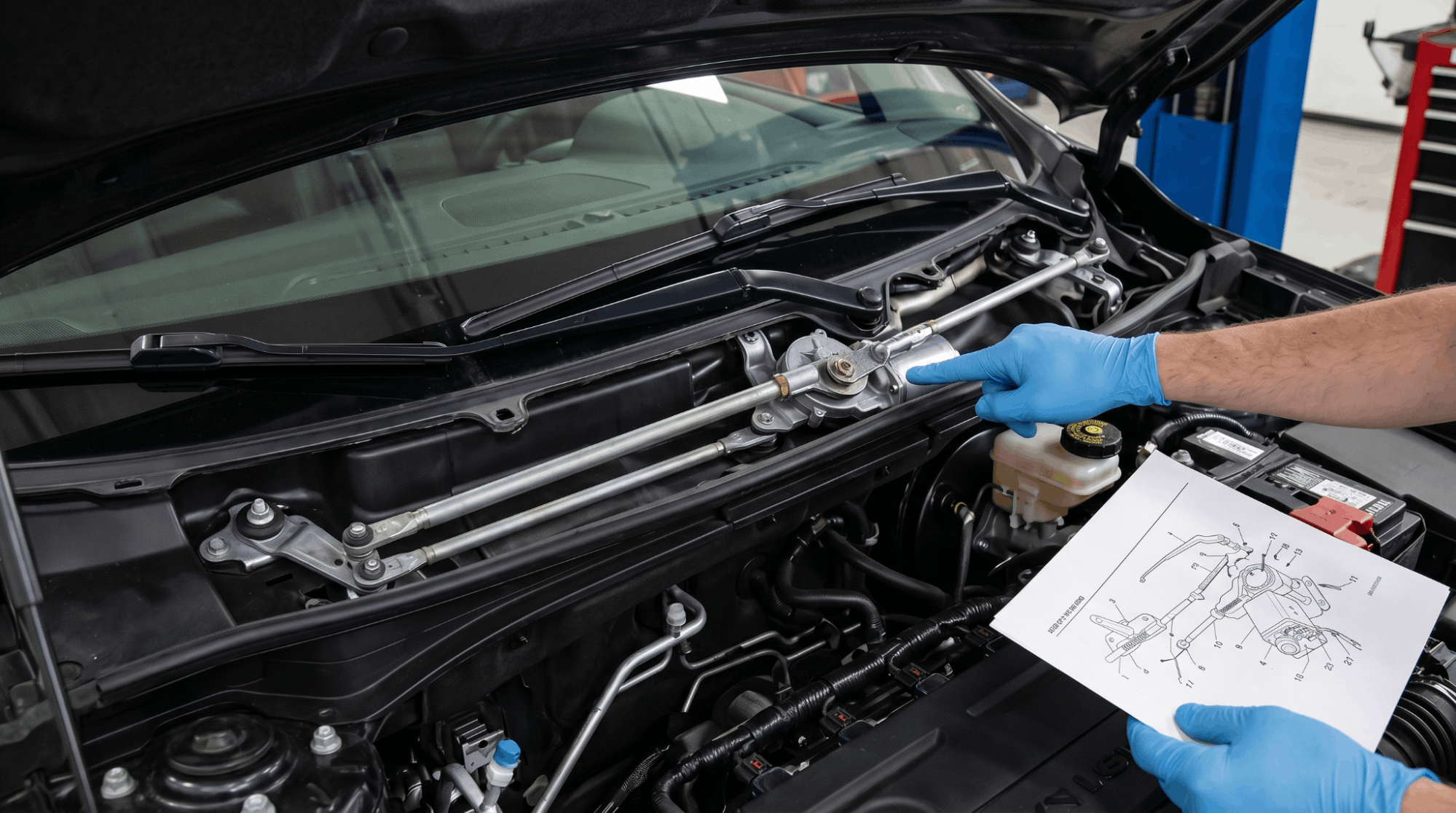 wiper linkage mechanism with motor and rods