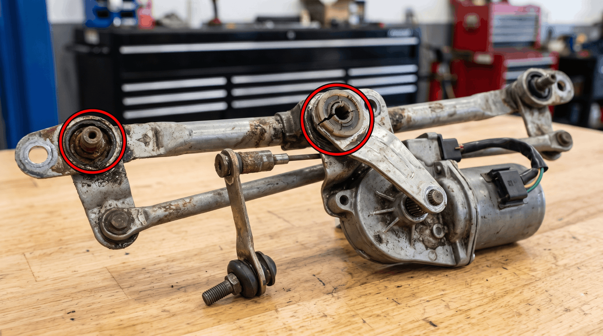 wiper linkage assembly showing common failure areas