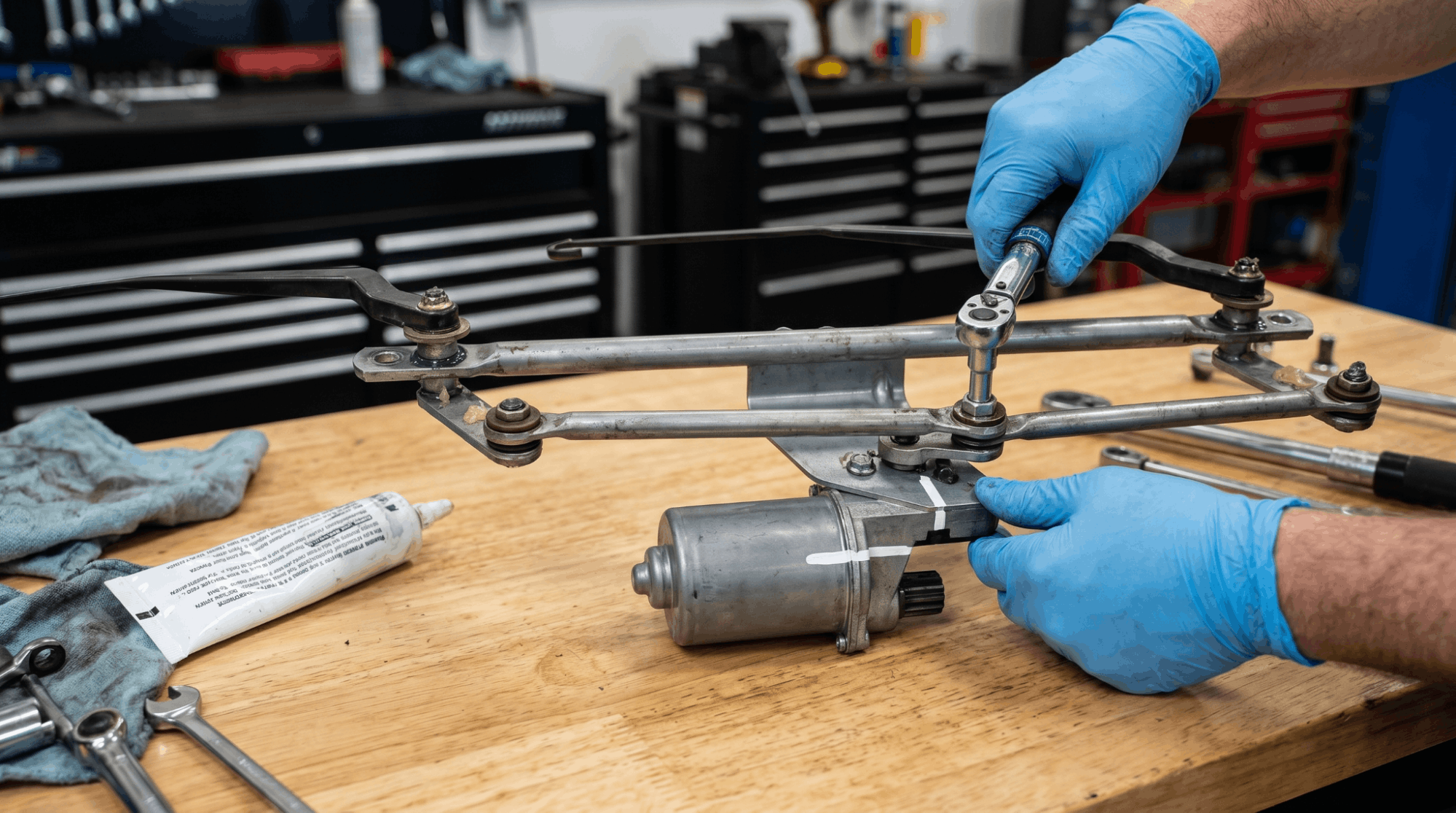 wiper linkage reassembly with alignment marks visible