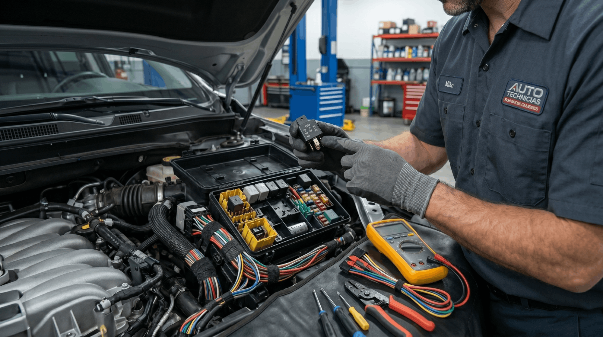 mechanic inspecting faulty relay in fuse box