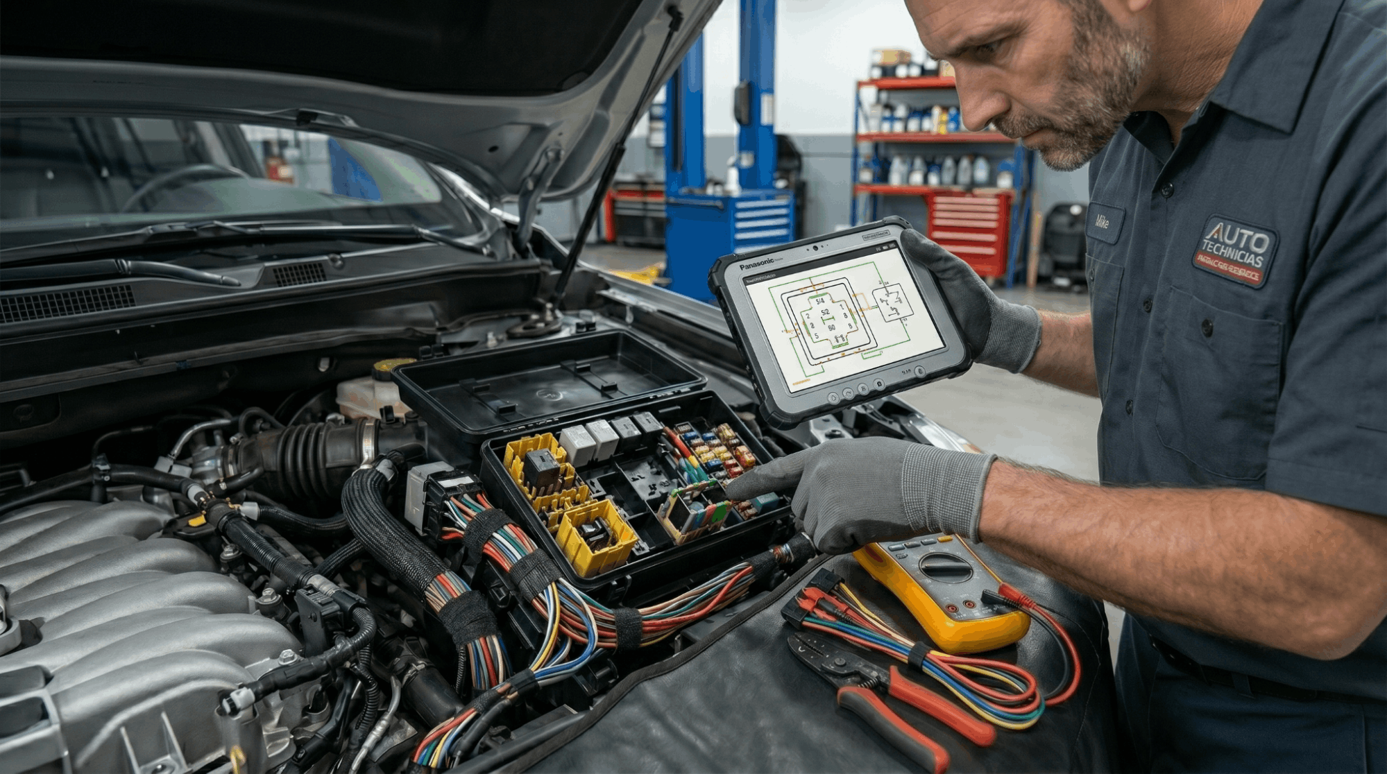 technician checking relay pinout at fuse box