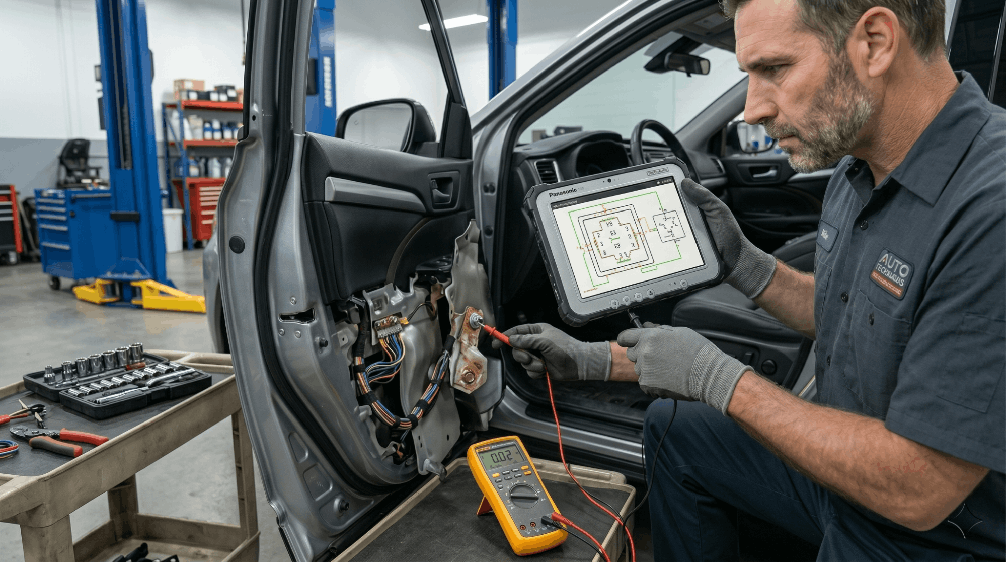 technician testing chassis ground point with multimeter