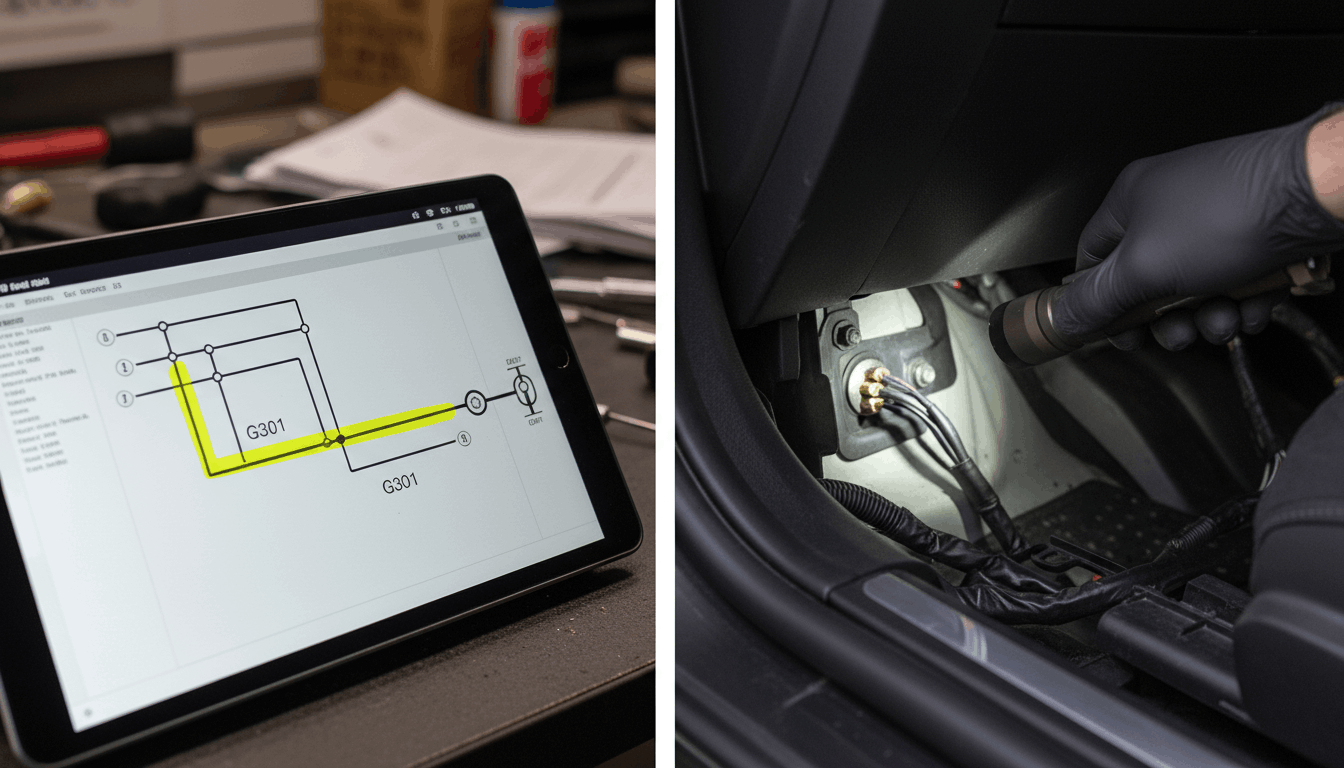 Comparison between a digital service manual diagram and the physical ground location in a car