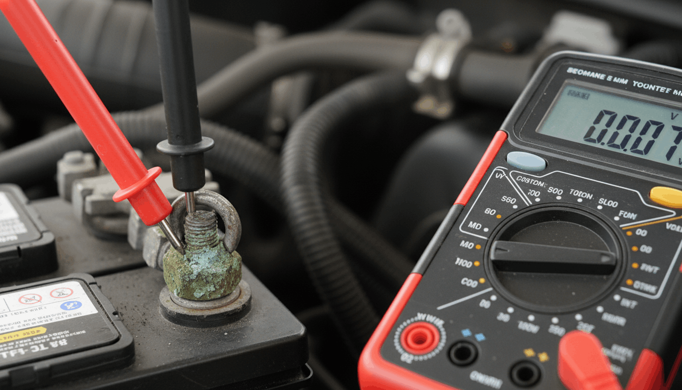 A multimeter measuring voltage drop on a corroded chassis ground terminal
