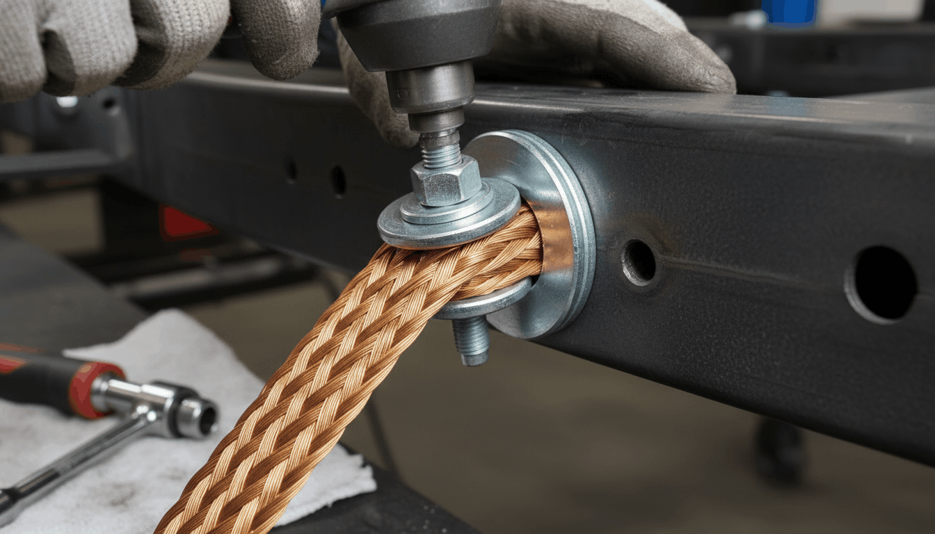 A new braided copper supplemental ground strap installed on a vehicle frame