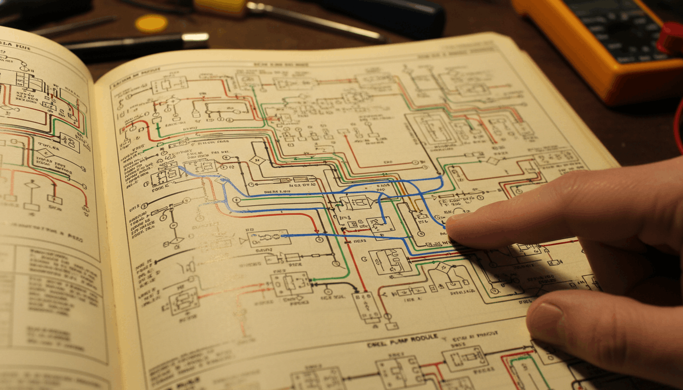 A close-up of a technical factory wiring schematic being traced by a technician's hand