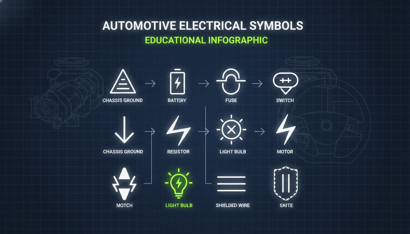 An infographic showing common automotive electrical symbols like ground, load, and splices