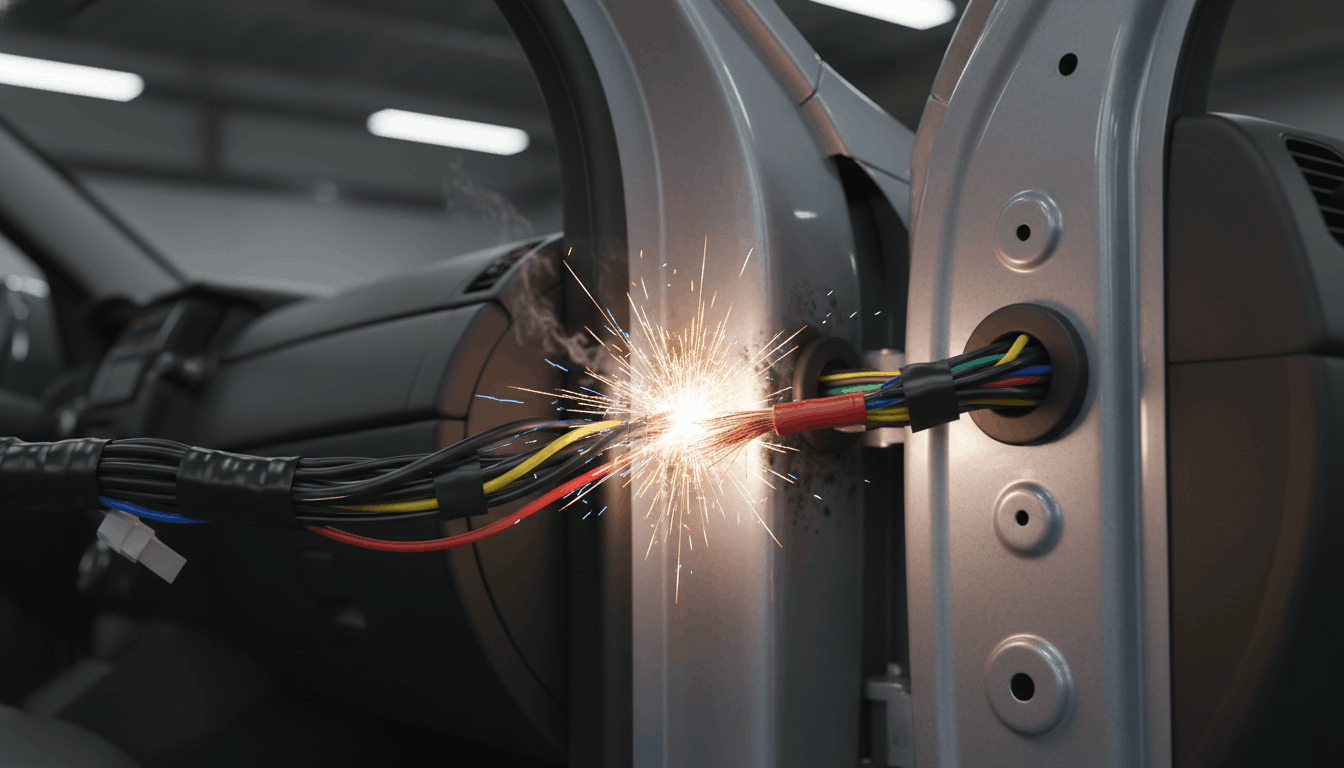 A frayed wire in a car door harness touching metal and causing an electrical short