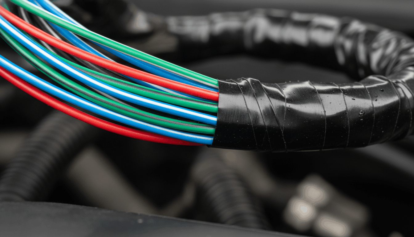 Close-up of multicolored and striped automotive wires in a wiring harness