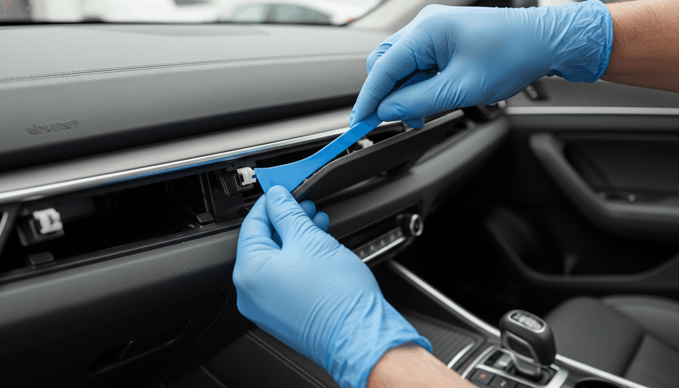 A technician using a specialized trim tool to safely remove a dashboard panel without breaking the plastic clips