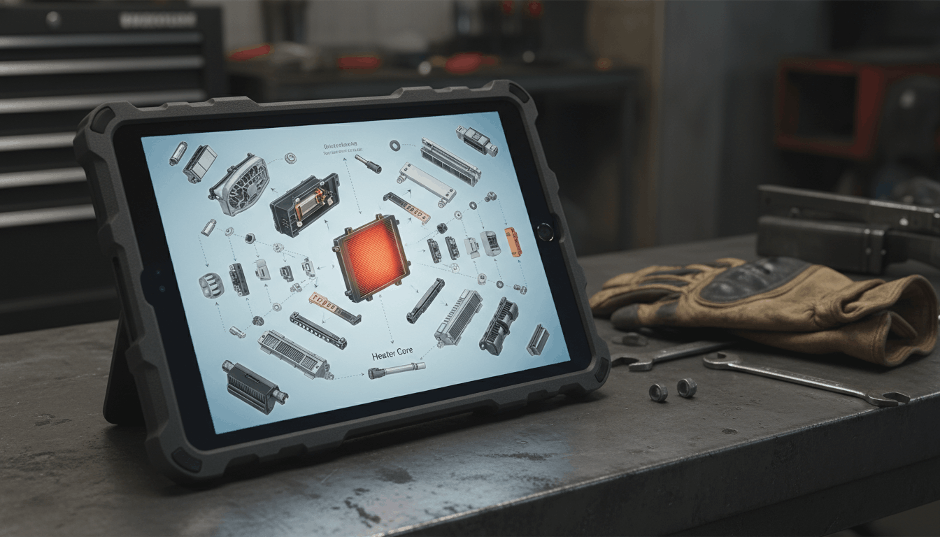 A digital repair manual showing a detailed 3D exploded view diagram of a car's heater core and HVAC assembly