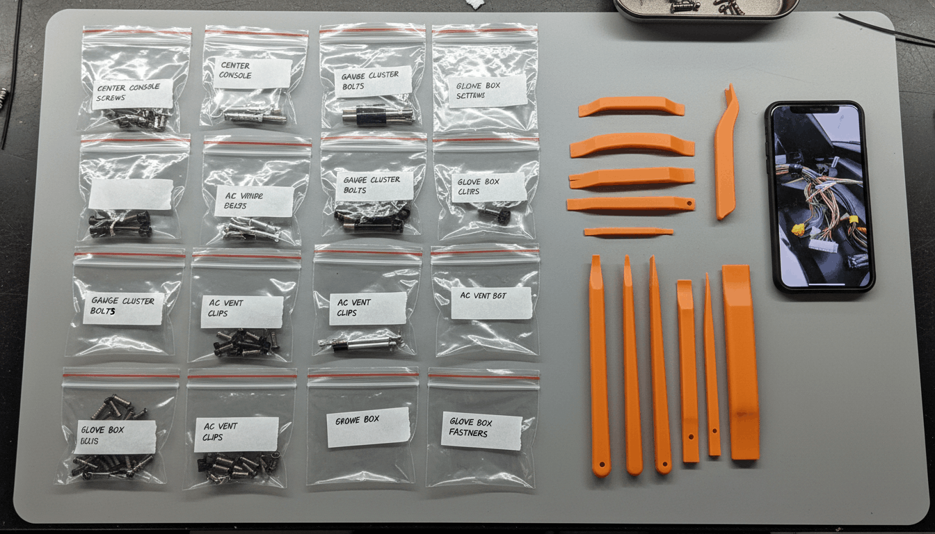 Organized car dashboard fasteners in labeled bags alongside plastic trim removal tools for a heater core job