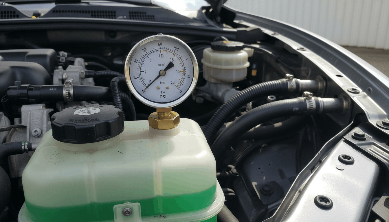 A coolant system pressure tester showing 15 PSI to confirm no leaks in the new heater core before dashboard reassembly