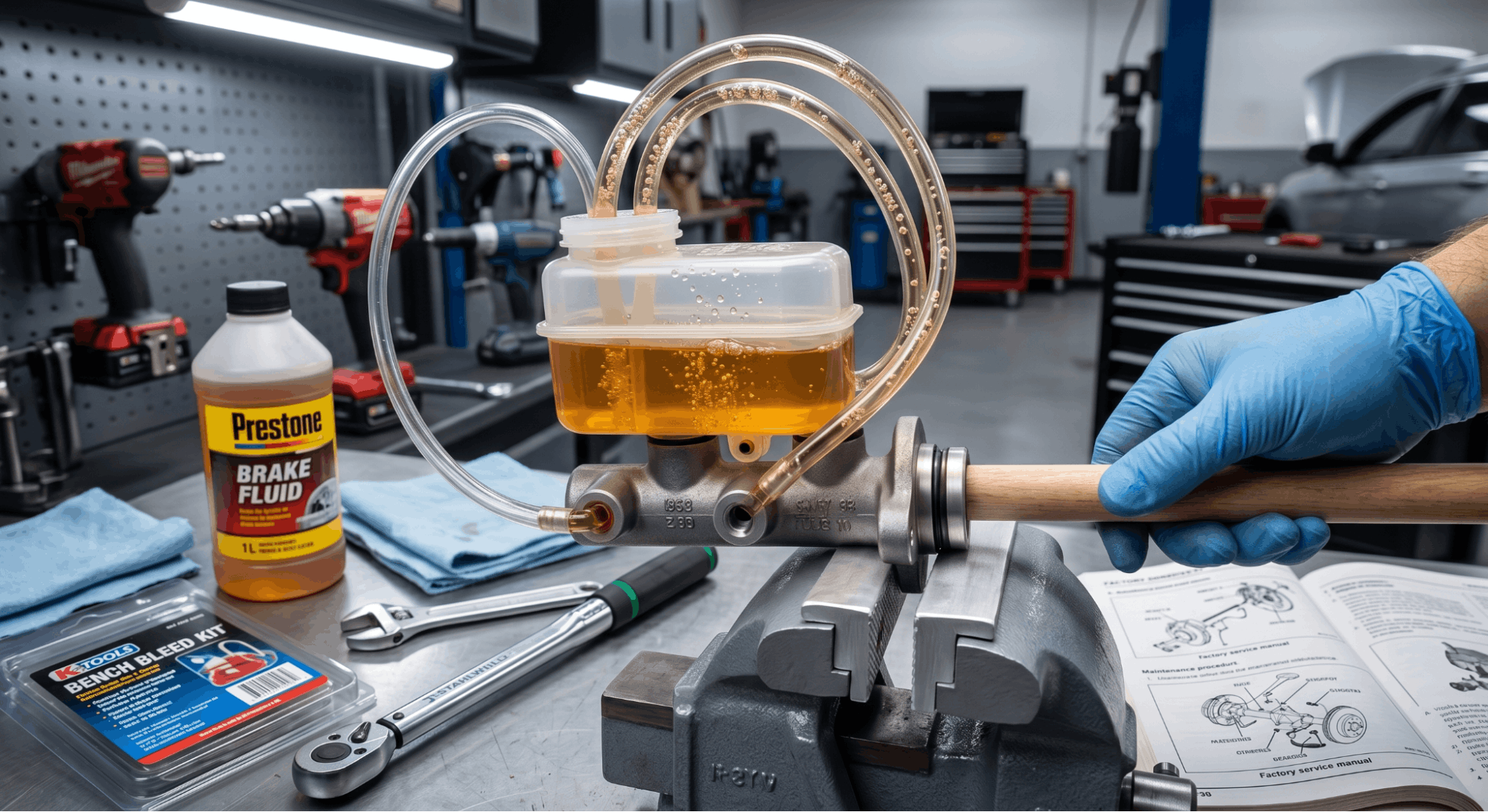 bench bleeding brake master cylinder with clear tubes