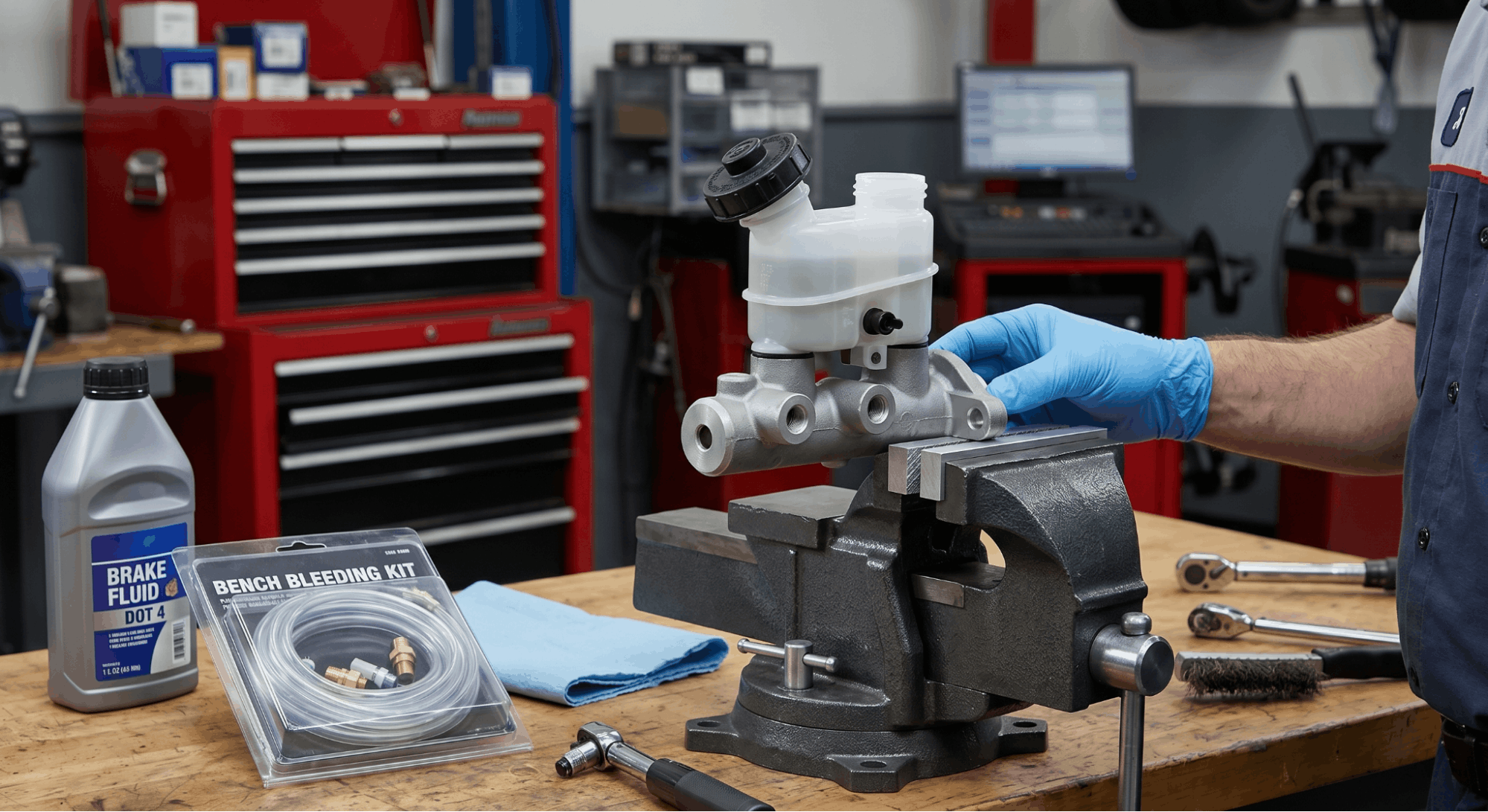 master cylinder secured level for bench bleeding