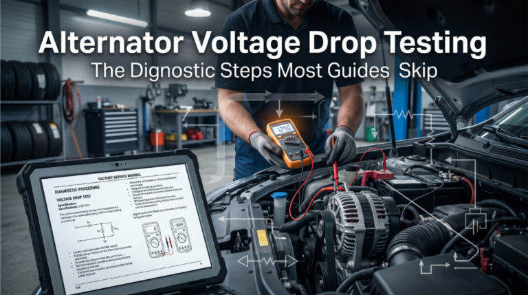 technician testing alternator voltage drop with multimeter