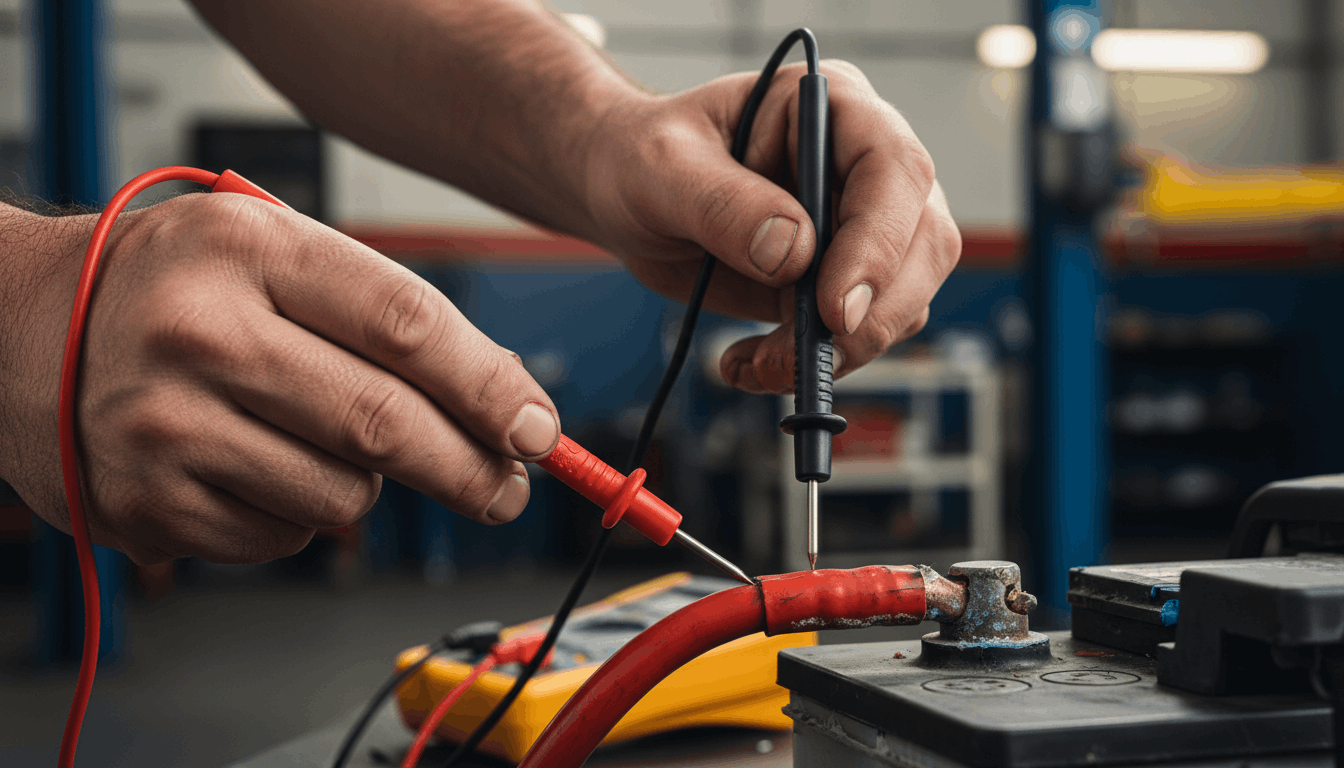 Close-up of multimeter probes checking resistance on a heavy-duty automotive power cable