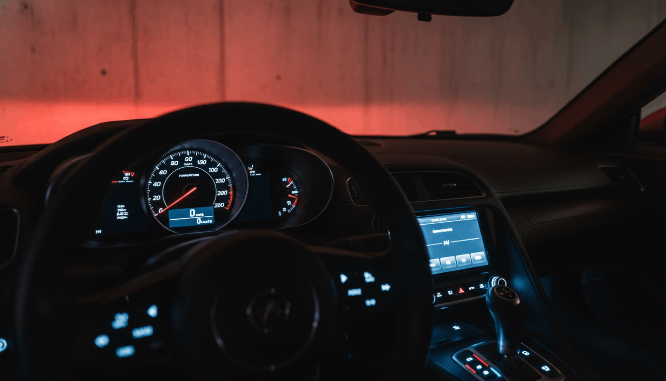 A car dashboard showing the engine RPM at 2000 with headlights and accessories turned on