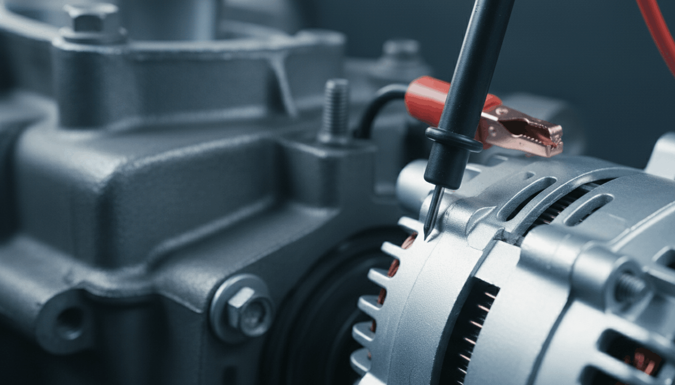 Testing the ground circuit by placing a multimeter probe on the metal housing of the alternator