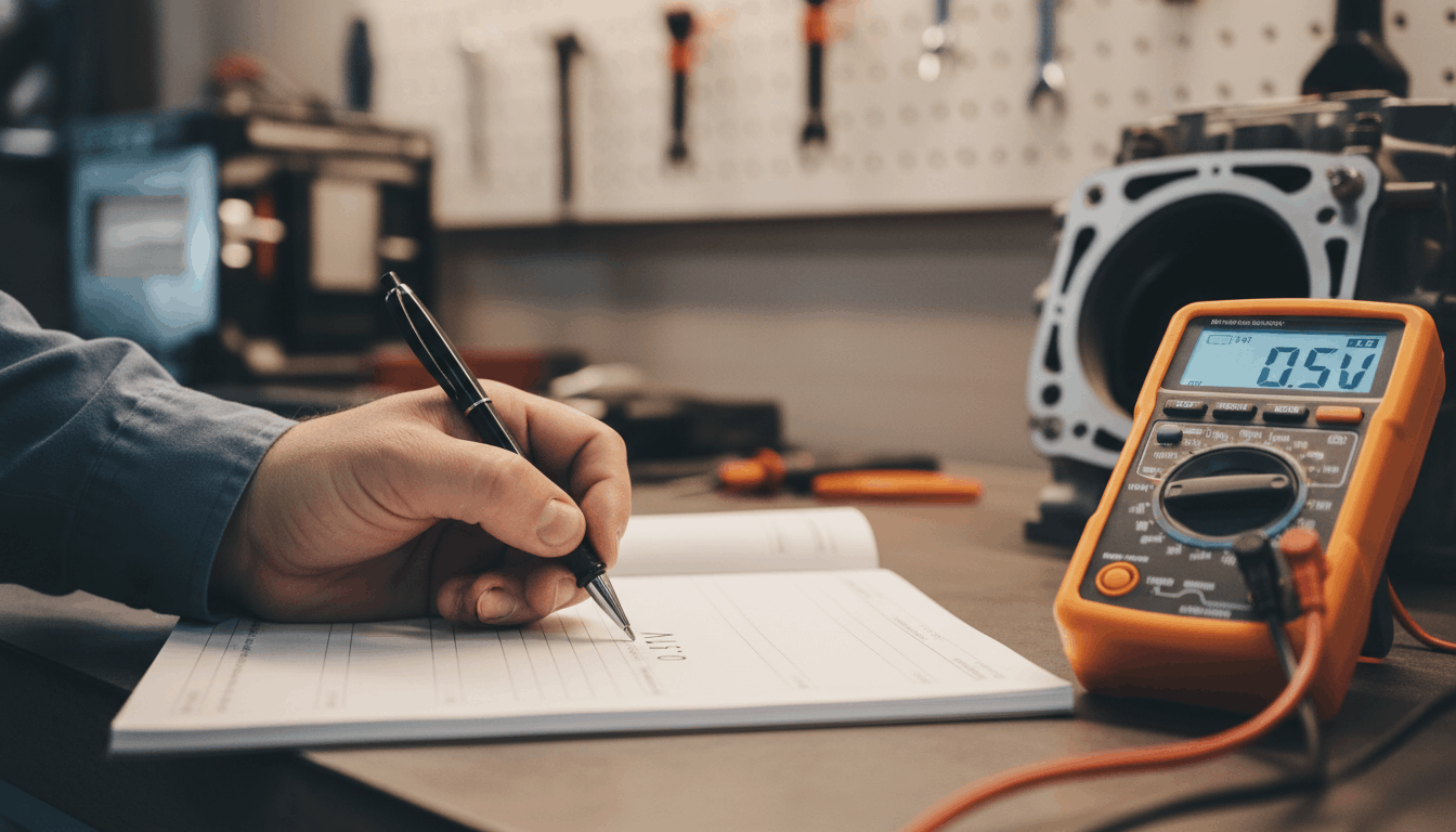 A technician recording the final voltage drop readings in a vehicle maintenance log