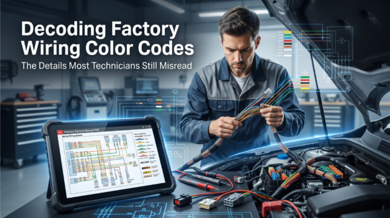 technician tracing wiring colors using digital factory manual