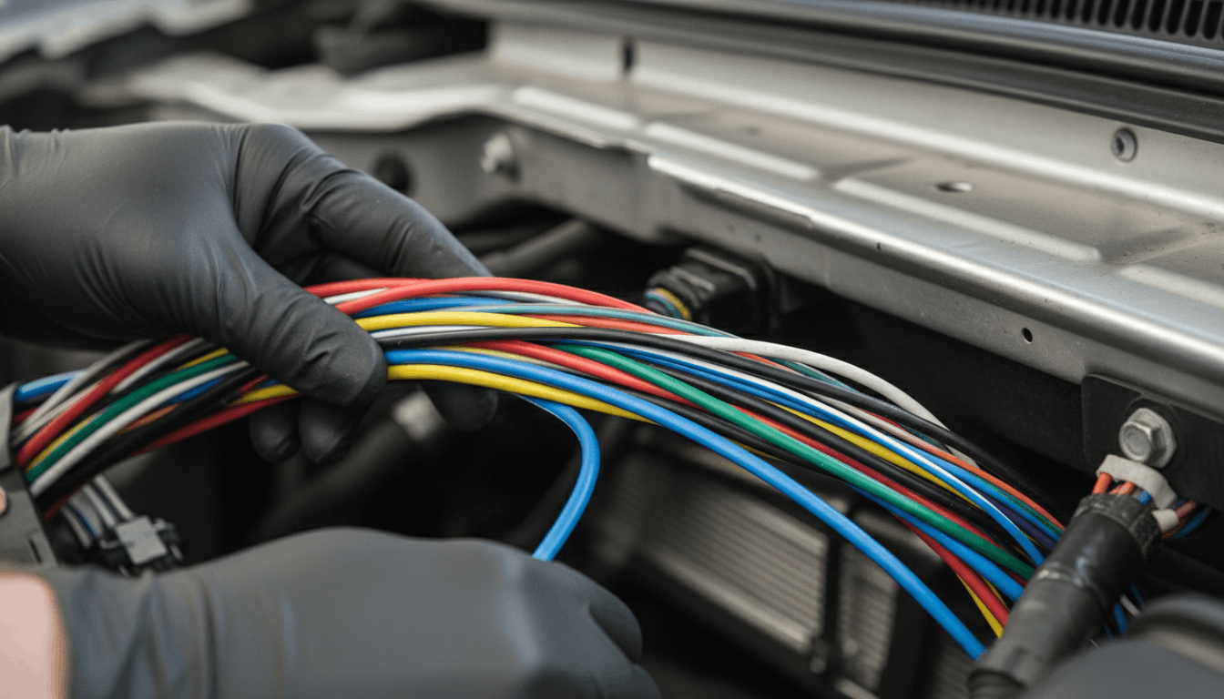 Technician hands inspecting a complex bundle of vehicle wires