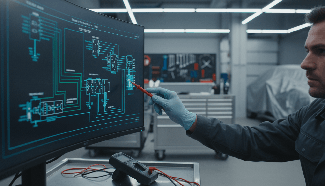 A technician referencing a digital wiring diagram on a monitor while performing diagnostics