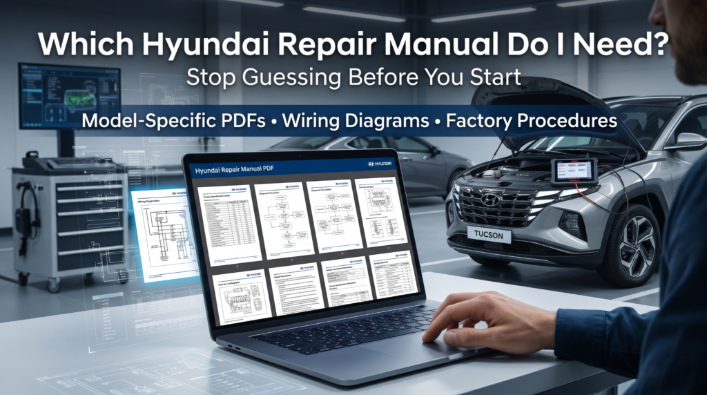 digital Hyundai repair manuals displayed on laptop for model specific vehicle repairs