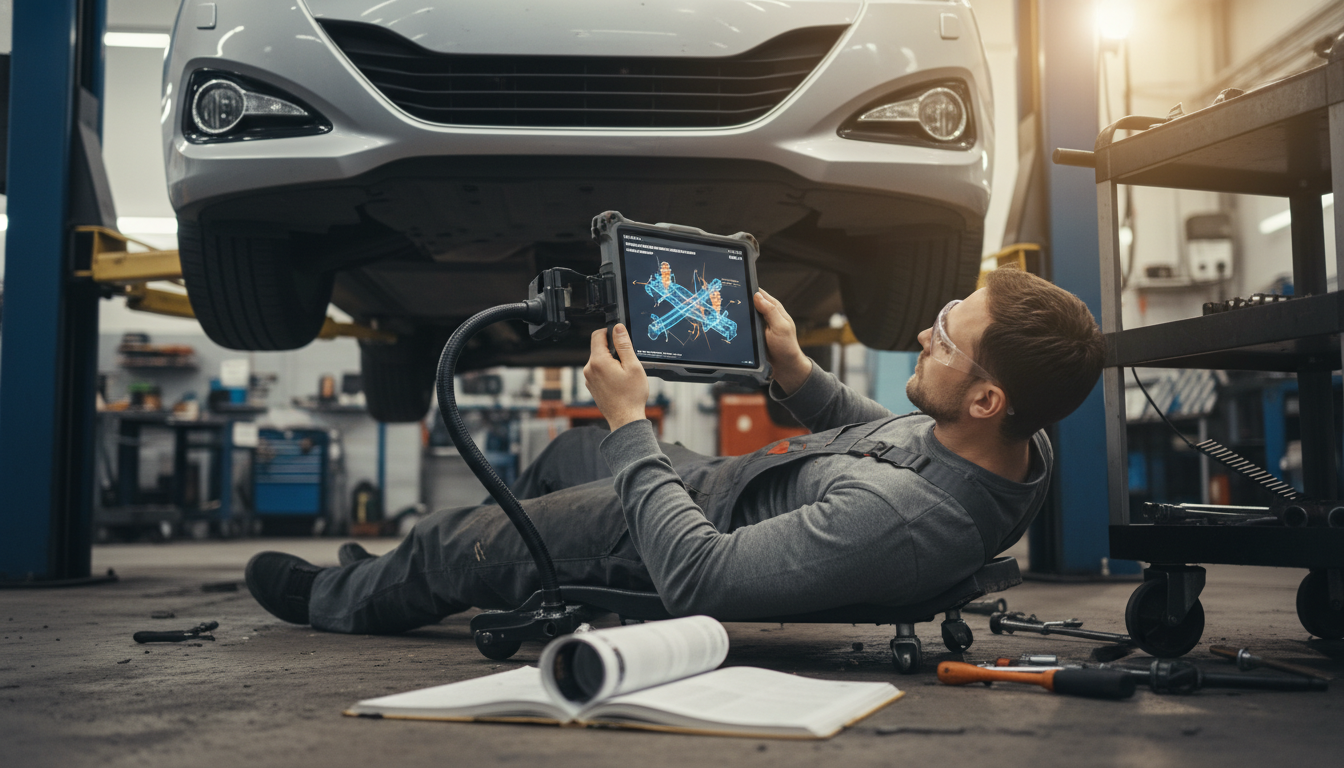 A mechanic using a digital repair manual on a tablet while working on a car