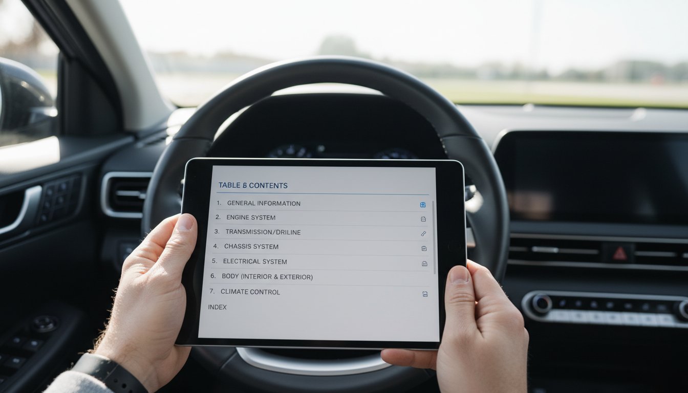 Checking a digital workshop manual table of contents inside a Hyundai