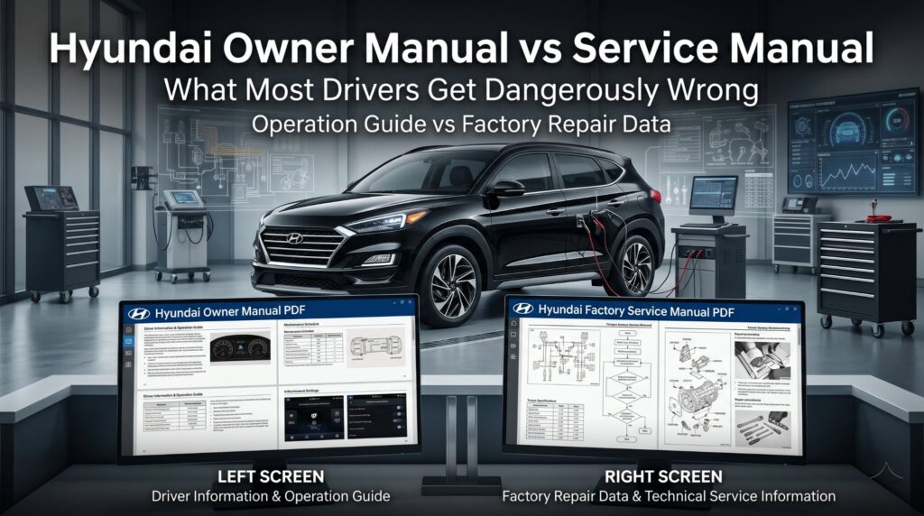 digital Hyundai owner manual and service manual comparison displayed on laptop screens