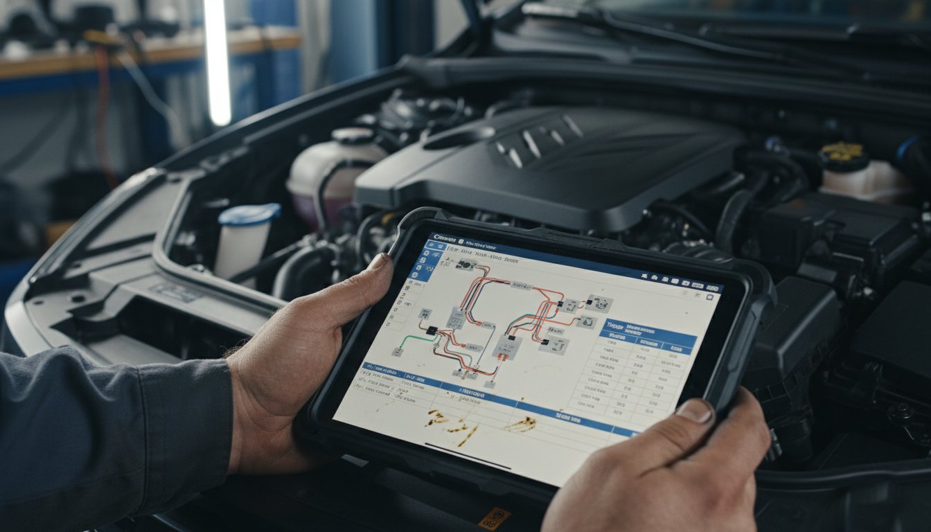 Close-up of a digital Hyundai service manual showing technical wiring diagrams in a repair shop