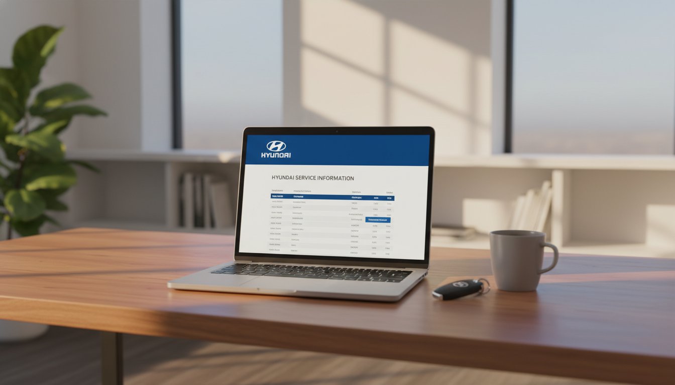 A laptop showing a website for downloading official Hyundai service manuals