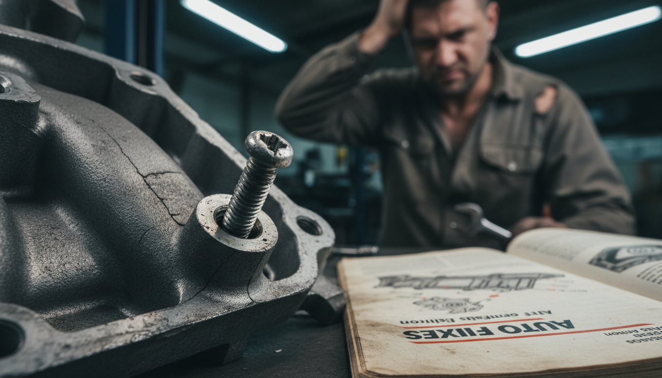 A stripped bolt head next to an incorrect repair manual, illustrating common DIY mistakes