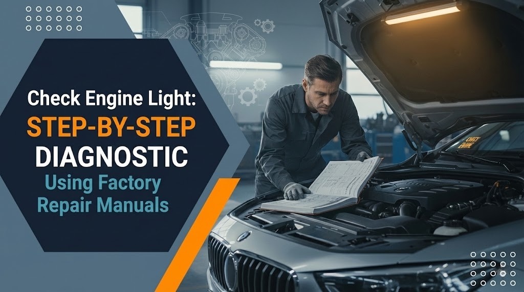 A focused technician studies a factory repair manual while leaning over the open hood of a car in a professional garage.