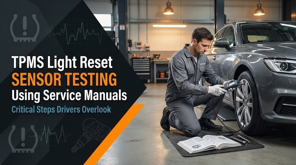 A technician in a professional garage tests a car tire sensor using a diagnostic tool near a service manual and glowing TPMS warning light.