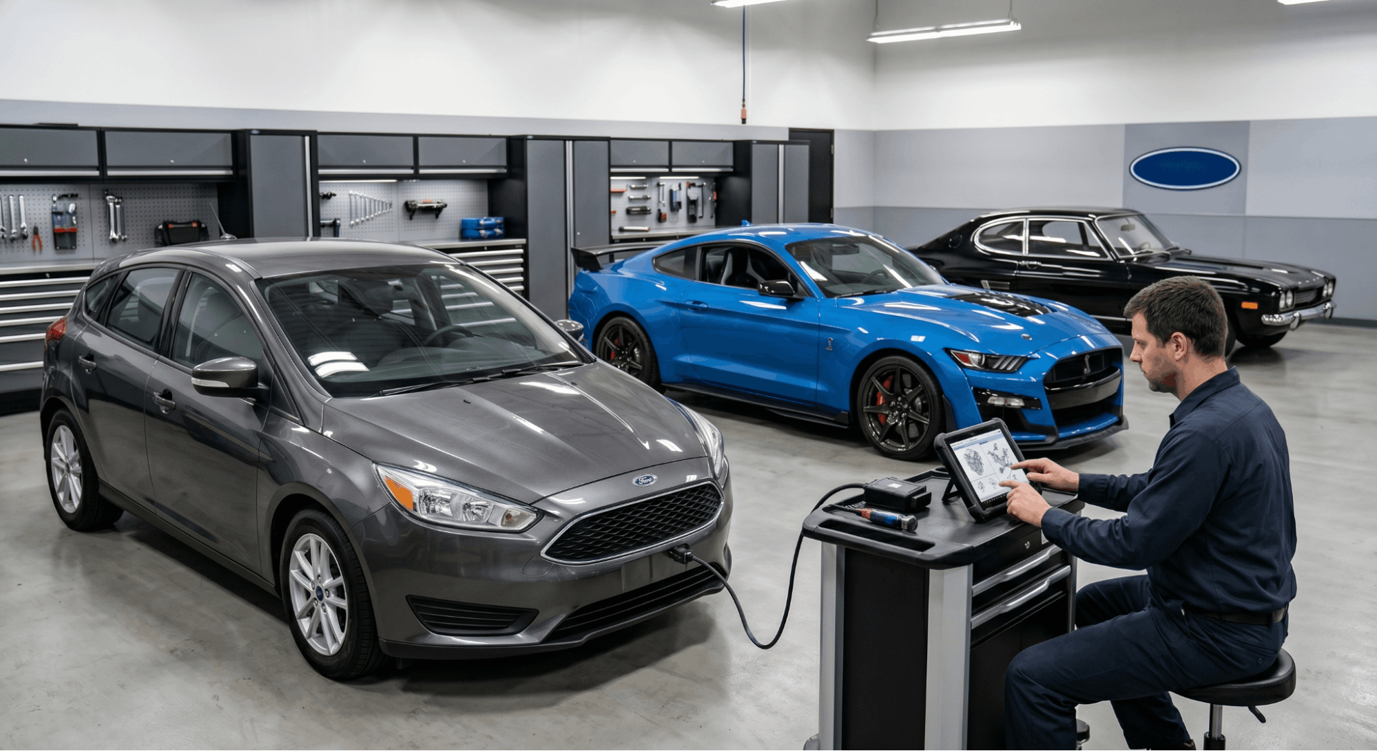 Ford passenger cars under diagnostic service in workshop