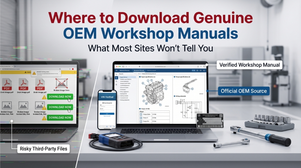Genuine OEM workshop manual download on laptop in garage