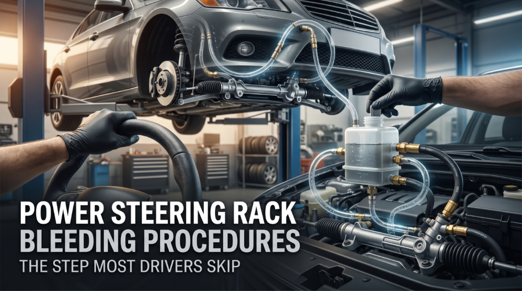 Mechanic performing power steering bleeding process with fluid reservoir and steering wheel cycle in workshop
