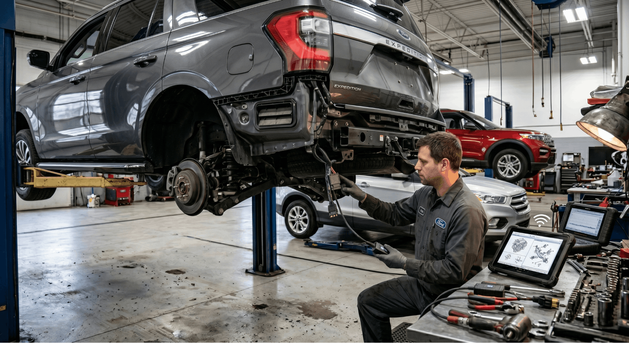 Mechanic servicing Ford Expedition in modern workshop