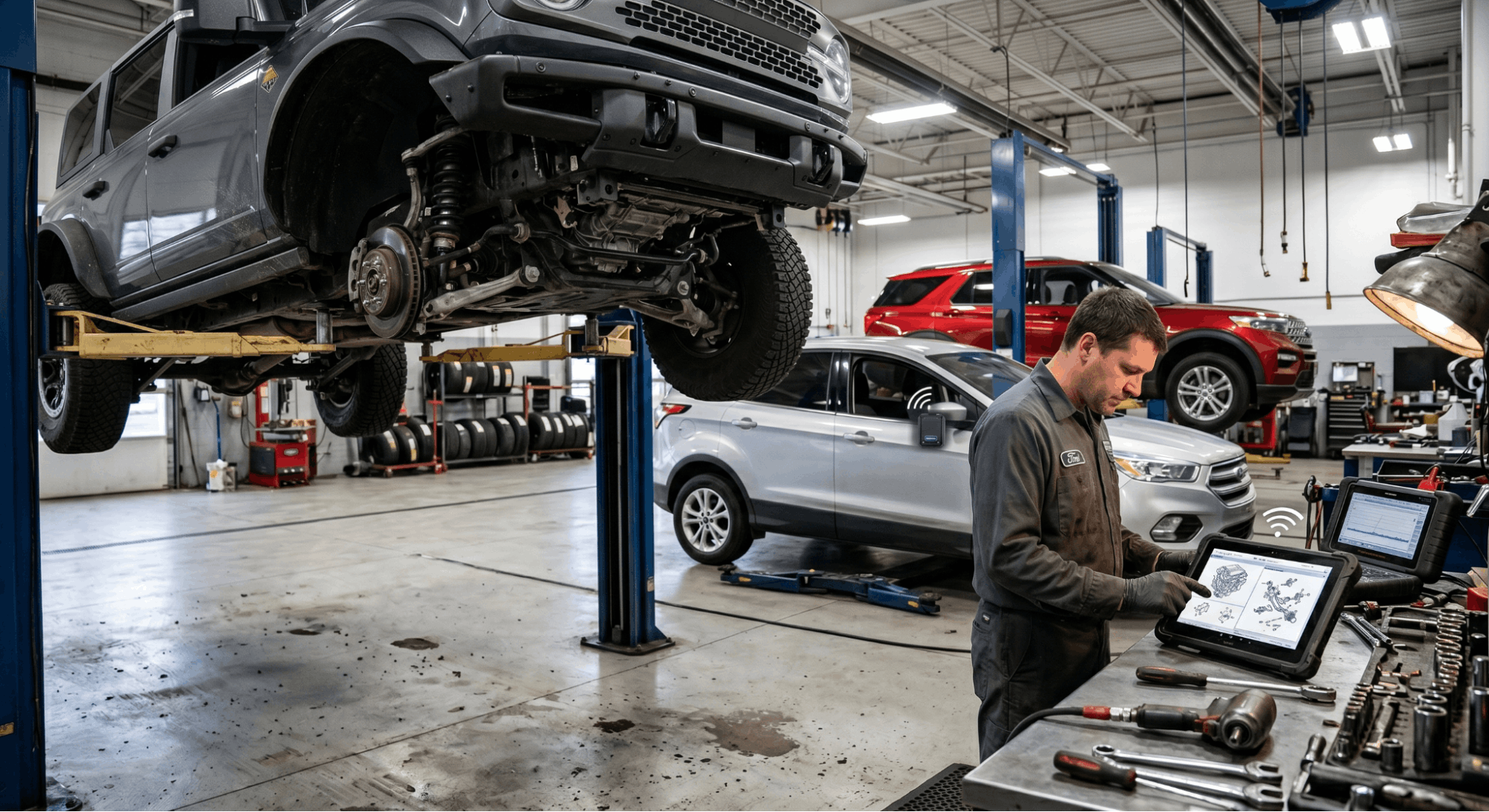 Mechanic using tablet for Ford SUV diagnostics in workshop